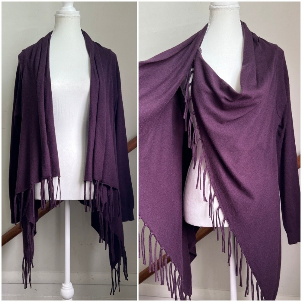 Fringe Cascading Cardigan Purple Knit Shawl Wrap Sweater Jacket Boho‎ Super Soft